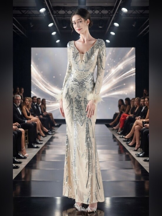 Dresses & Skirts - Sequin Silver & Cream Long-Sleeve Evening Gown With Ostrich Feathers